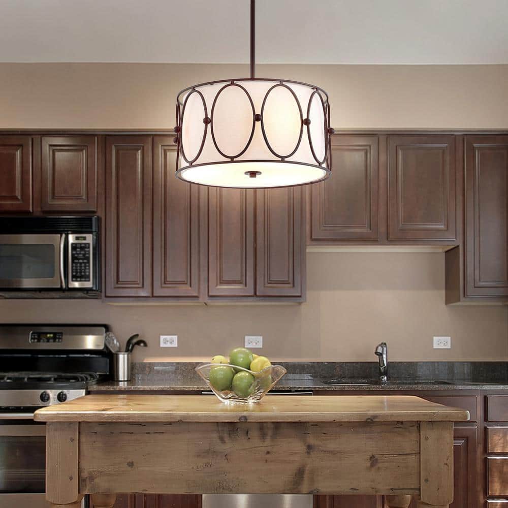 Violetta Coastal-Transitional 19" LED Drum Pendant in Oil-Rubbed Bronze with White Shade