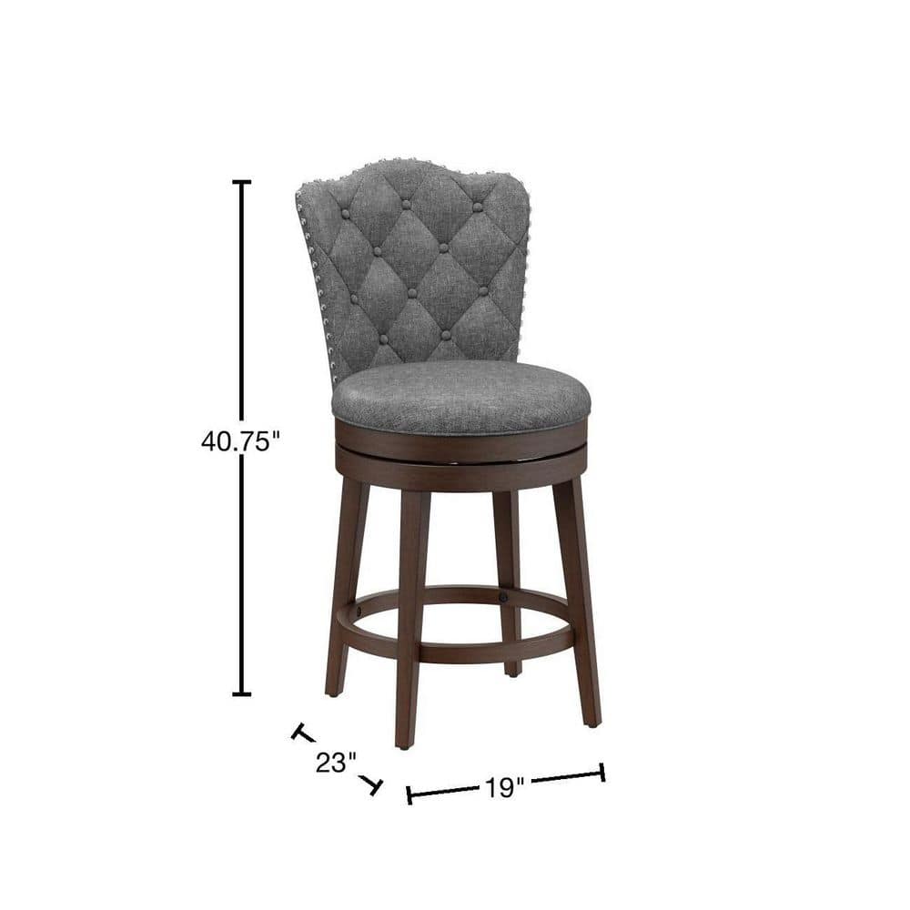 Gray Button-Tufted Wood Swivel Counter Stool