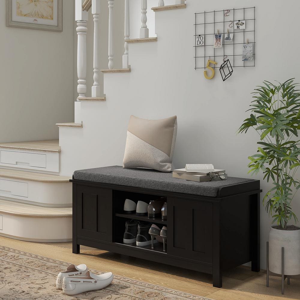 Black Wood Entryway Shoe Storage Bench with Padded Seat