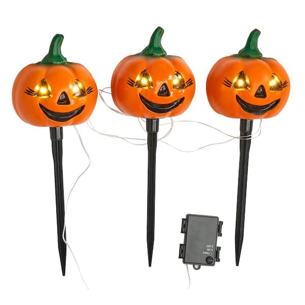 Unbranded 15 in. Light Up Pumpkin Yard Stake with Timer (3-Pack)