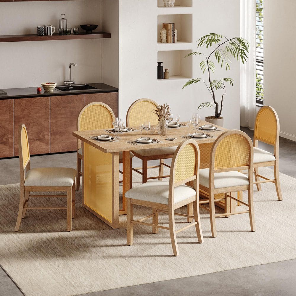 7-Piece Farmhouse Natural Wood Top Dining Room Set with Rectangular Dining Table 6 Rattan Chairs