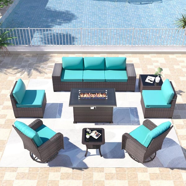 Halmuz 10-Piece Wicker Outdoor Patio Conversation Set with 55000 BTU Propane Fire Pit Table and Swivel Rocking Chairs, Blue