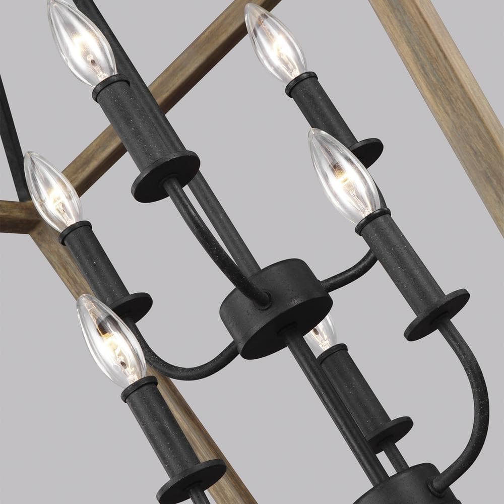 Weathered Oak and Antique Forged Iron Brass Cage 6-Light Chandelier