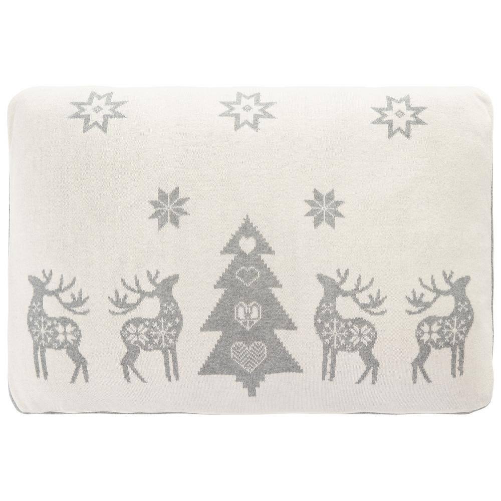 Grey Cotton Christmas Pillow with Reindeer and Snowflakes
