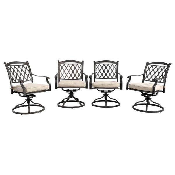 Mondawe Cast Aluminum Outdoor Diamond-Mesh Arcuated Backrest Swivel Dining Chairs with Beige Cushions (Set of 4)