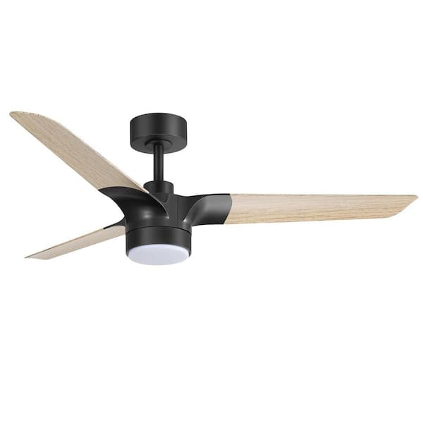 52 in. Black Covered Outdoor Downrod Mount Standard Ceiling Fan with Black/Wood Plywood Blades, LED and Remote Included