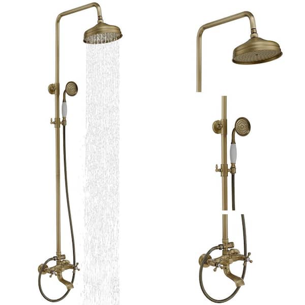 HOMEMYSTIQUE 3-Spray Wall Slid Bar Round Rain Shower Faucet with Hand Shower 2 Cross Handles in Antiqued (Valve Included)