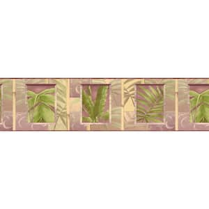 Falkirk Brin II Green, Purple, Brown Palm Leaves, Bamboo Floral Pre-Pasted Wallpaper Border