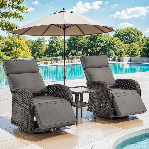 Rotavia Reclining 3-Piece Wicker Outdoor 360° Swivel Recliner with Gray Cushions, Adjustable Backrest, Side Table