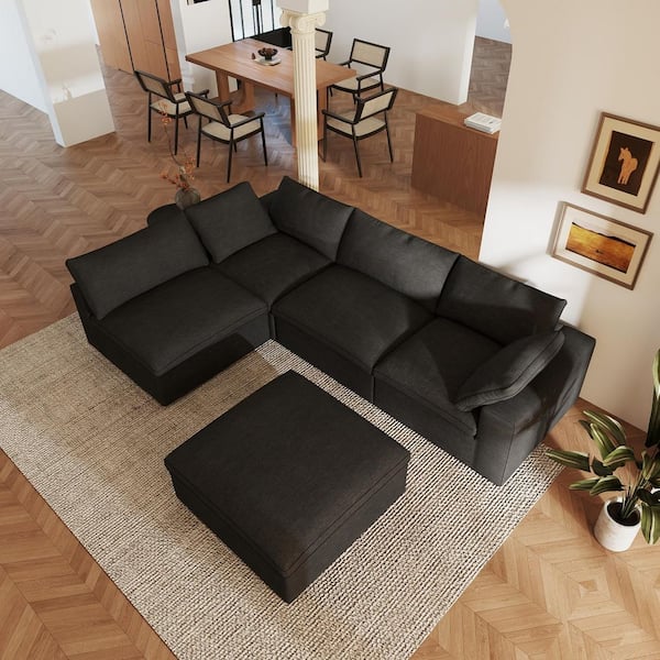 157 in. Square Arm 5-Piece Linen V Shape Modular Convertible Sectional Sofa with Storage Ottoman in Black for Party