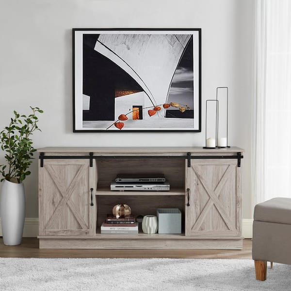 HOMESTOCK 58 in. Natural Farmhouse TV Stand, Rustic Wooden 60 in