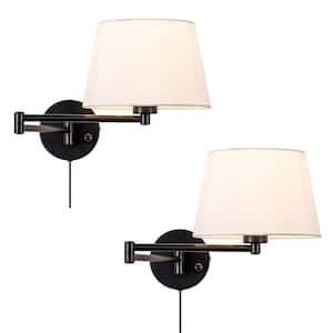 1-Light Black Plug-In Swing Arm Wall Lamp with Linen Shade Set of 2