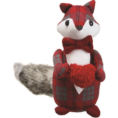 11 in. Plush Red Plaid Fox Holding a Heart Decorative Christmas Tabletop Figure
