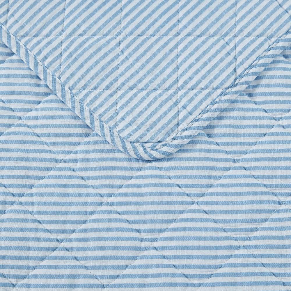 Oxford Stripe Blue Cotton Reversible King Quilt Set