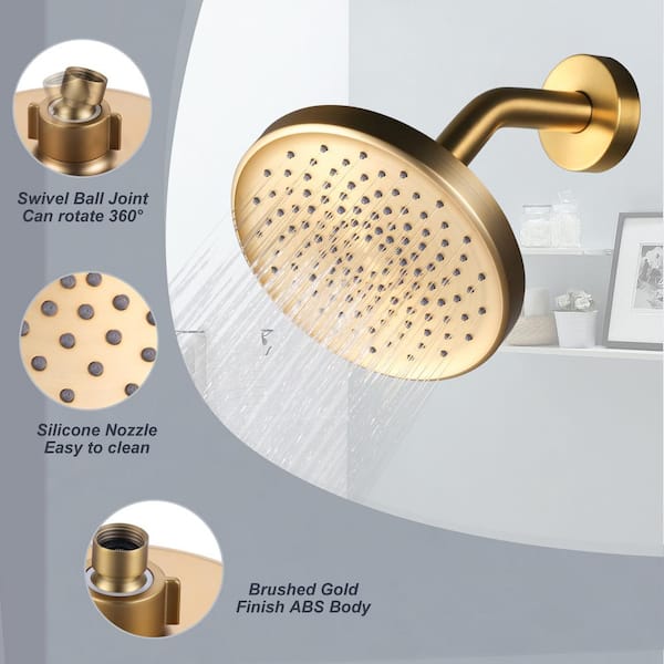 1-Spray Patterns with 1.8 GPM 6 in. Wall Mount Rain Fixed Shower Head with 360° Rotatable in Brushed Gold