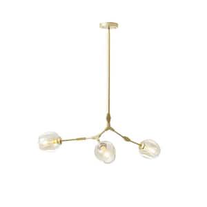 3-Light Amber Modern Linear Chandelier with Gold Adjustable Arms and Glass Shades