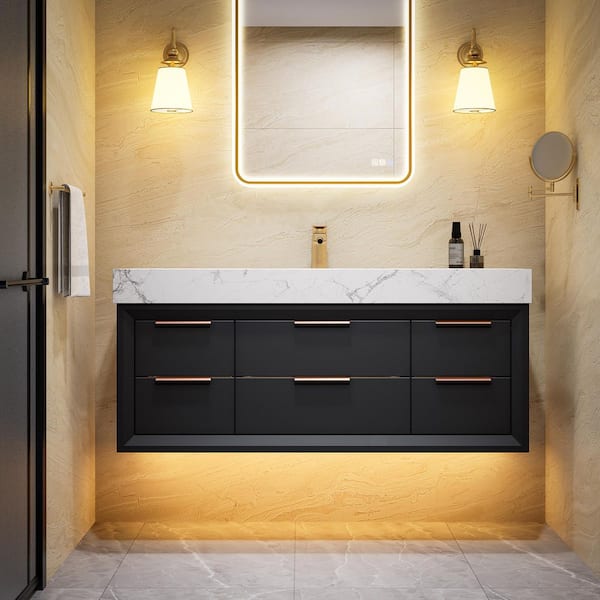 ExBrite MarbleLux 48 in. W x 20.8 in. D x 21.2 in. H, Floating Bathroom Vanity with Sink in Black White Marble Top and Basin