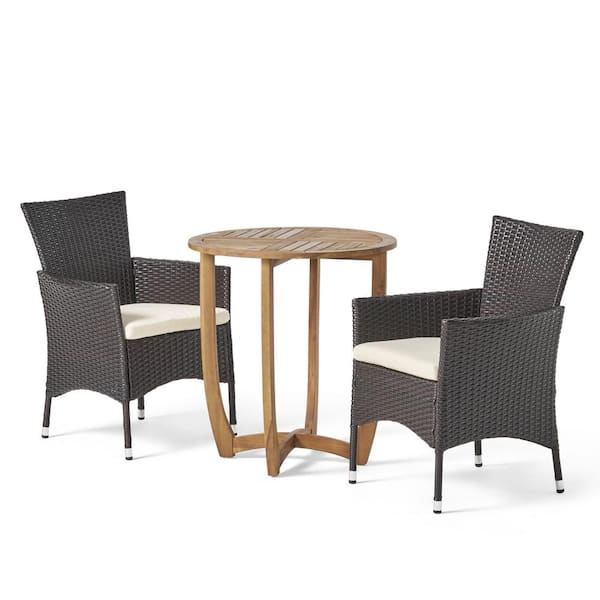 Noble House Ellie 29.50 in. Teak Brown 3-Piece Wood Round Outdoor Patio Bistro Set with Beige Cushions