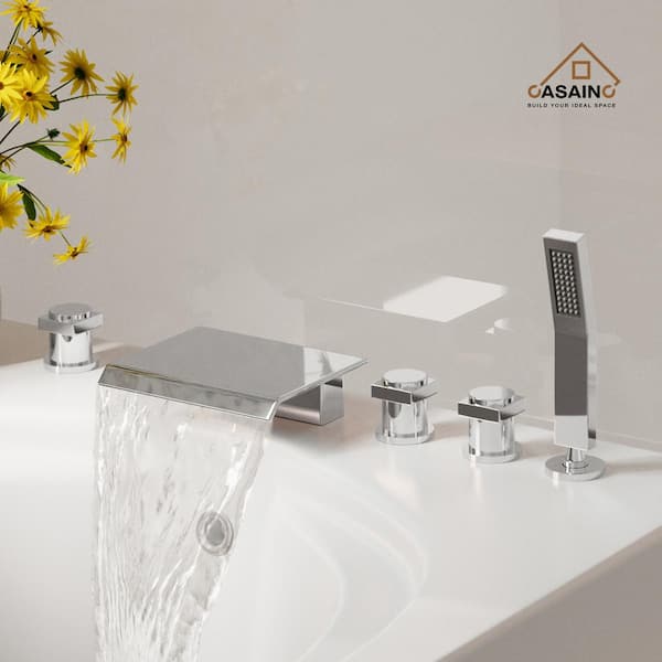 3-Handle Deck Mount Roman Tub Faucet with Stainless Steel Hand Shower in Chrome Plated