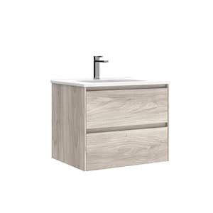 Perla 24 in. W x 18.1 in. D x 19.5 in. H Single Sink Wall Mounted Bath Vanity in Grey Pine with White Ceramic Top