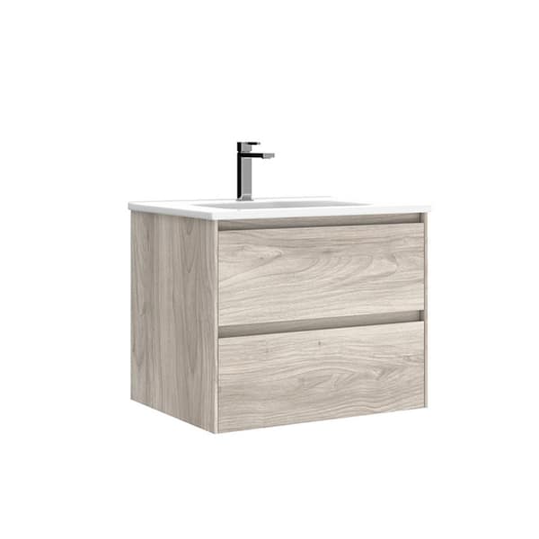 WS Bath Collections Perla 24 in. W x 18.1 in. D x 19.5 in. H Single Sink Wall Mounted Bath Vanity in Grey Pine with White Ceramic Top