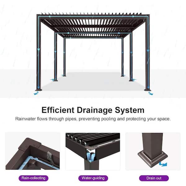 11.7 ft. x 21.2 ft. Bronze Aluminum Outdoor Louvered Pergola with 3-Individual Adjustable Roofs and In-Built Gutter
