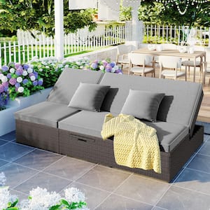 Brown Wicker Rattan Outdoor Double Sunbed Patio Reclining Chairs with Gray Cushion and Pillow