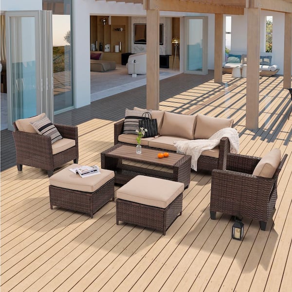 Sonkuki 6-Piece Patio Sofa Set Brown Wicker Outdoor Furniture Set with Coffee Table, Sand