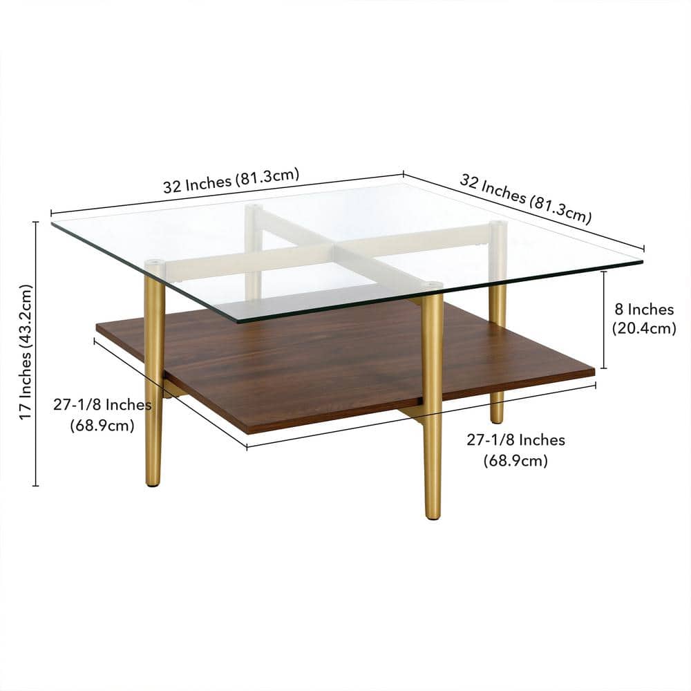Mid-Century Modern Brass & Walnut Coffee Table with Glass Top
