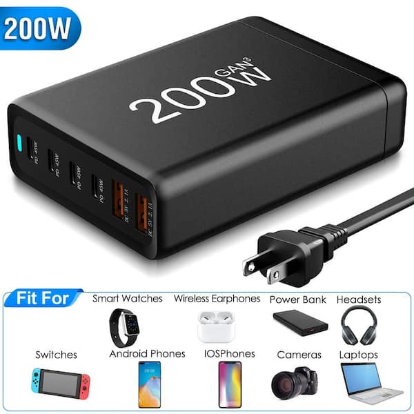 Power 200 Phone Charger,200W Smart Charger with 4 USB+1 Wireless Charger  Ports,65W MAX Output LCD Display Multifunction Desktop Charger