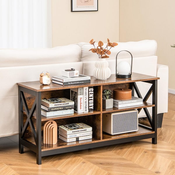 Rustic Brown Wood TV Stand Entertainment Fits TVs up to 55 in. with X-Shaped Frame