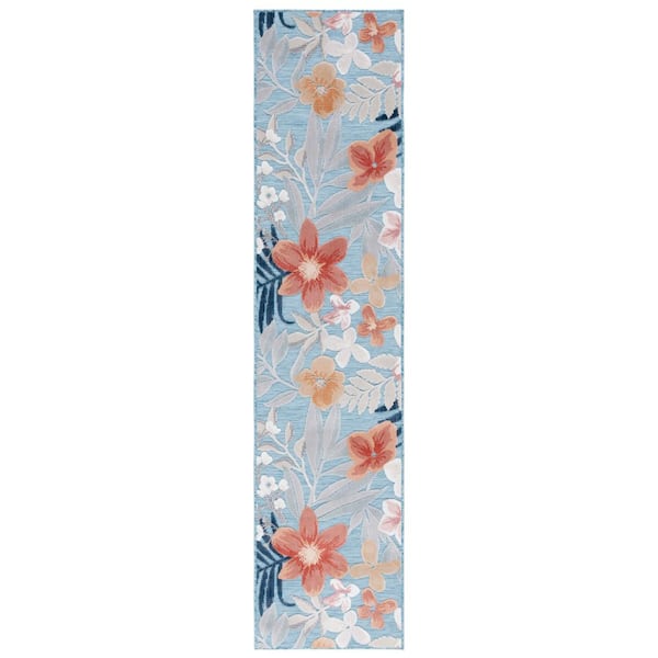 Cabana Aqua/Rust 2 ft. x 7 ft. High-Low Floral Leaf Indoor/Outdoor Runner Rug
