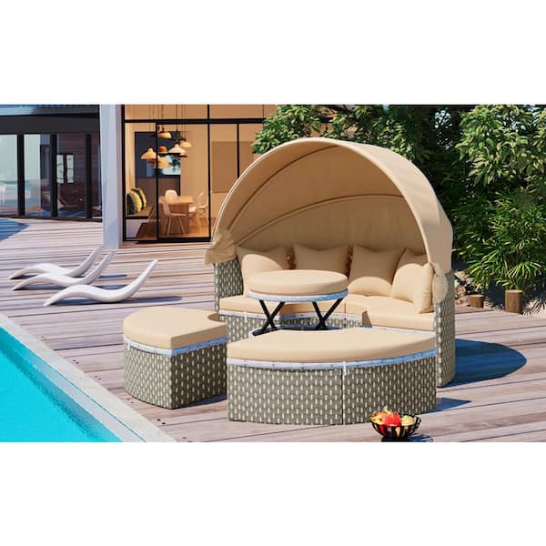 Unbranded Metal Round Outdoor Sectional Set with Light Coffee Cushions, Rattan Weave Sunbed with Retractable Canopy