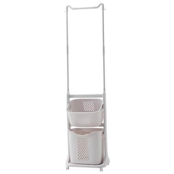 White Plastic 2 Bag Laundry Sorter with Hanging Bar Laundry Baskets on Wheels Removable, Stackable Laundry Hamper Cart