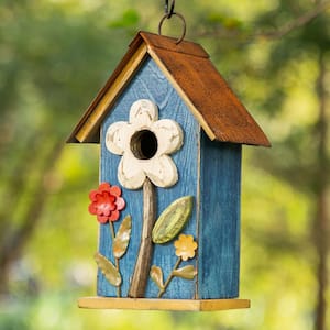Glitzhome 10.25 in. H Distressed Solid Wood Birdhouse with Flower ...