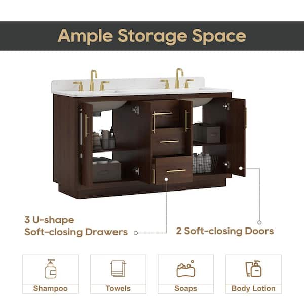 Grisel 61 in. Double Sink Freestanding Brown Bath Vanity with White Engineered Stone Top and Backsplash Assembled