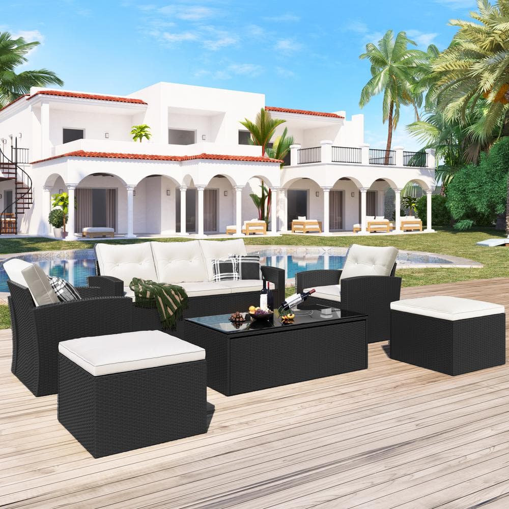 6-Piece All Weather PE Wicker Outdoor Patio Dining Set with Coffee Table and Footstool Removable Beige Cushions