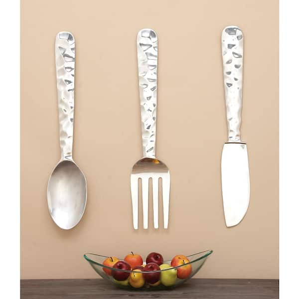 Litton Lane Aluminum Silver Knife, Spoon and Fork Utensils Wall Decor (Set of 3)