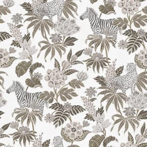 Into The Wild Beige Metallic Floral with Leopards And Zebras Non-Pasted Non-Woven Paper Wallpaper Roll