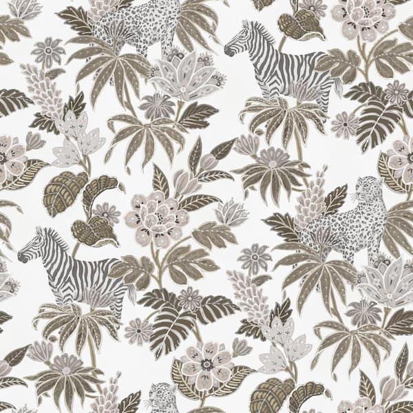 Unbranded Into The Wild Beige Metallic Floral with Leopards And Zebras Non-Pasted Non-Woven Paper Wallpaper Roll