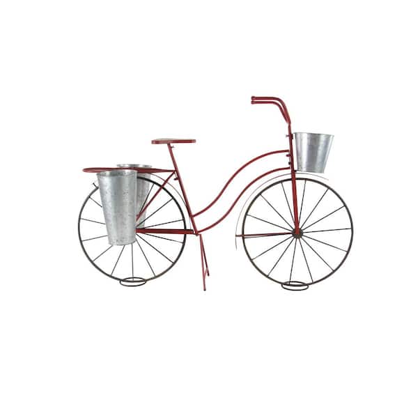 Litton Lane 38 in. Red Round Metal Bicycle Plantstand with 2-Tiers