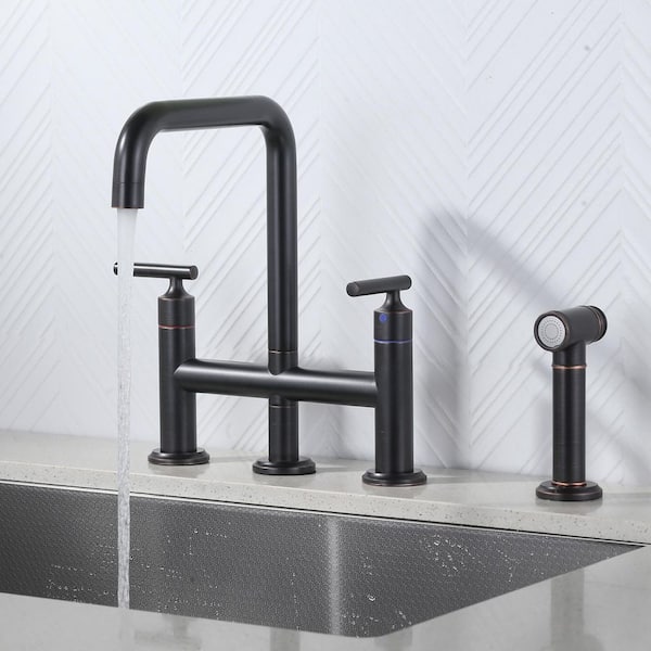 Minimalist Double Handle Bridge Kitchen Faucet with 27.5 in. Side Spray in Oil Rubbed Bronze