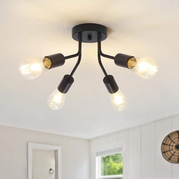 LWYTJO Fasiha 14.75 in. 4 Light Matte Black Sputnik Sphere Chandelier Industrial Vintage Linear Semi Flush Mount Ceiling Light