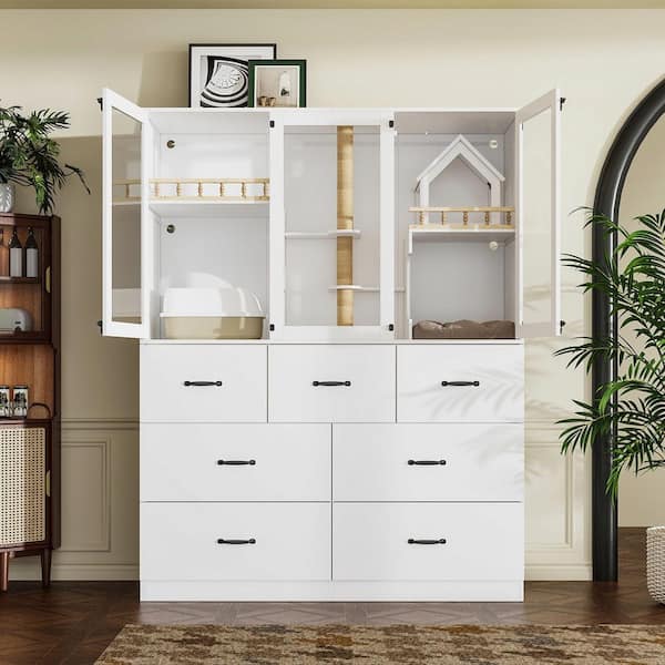 2-in-1 Storage Cabinet and Cat Litter Box Enclosure Cat Bed with Scratching Pad, Large Cat House with 7-Drawers, White