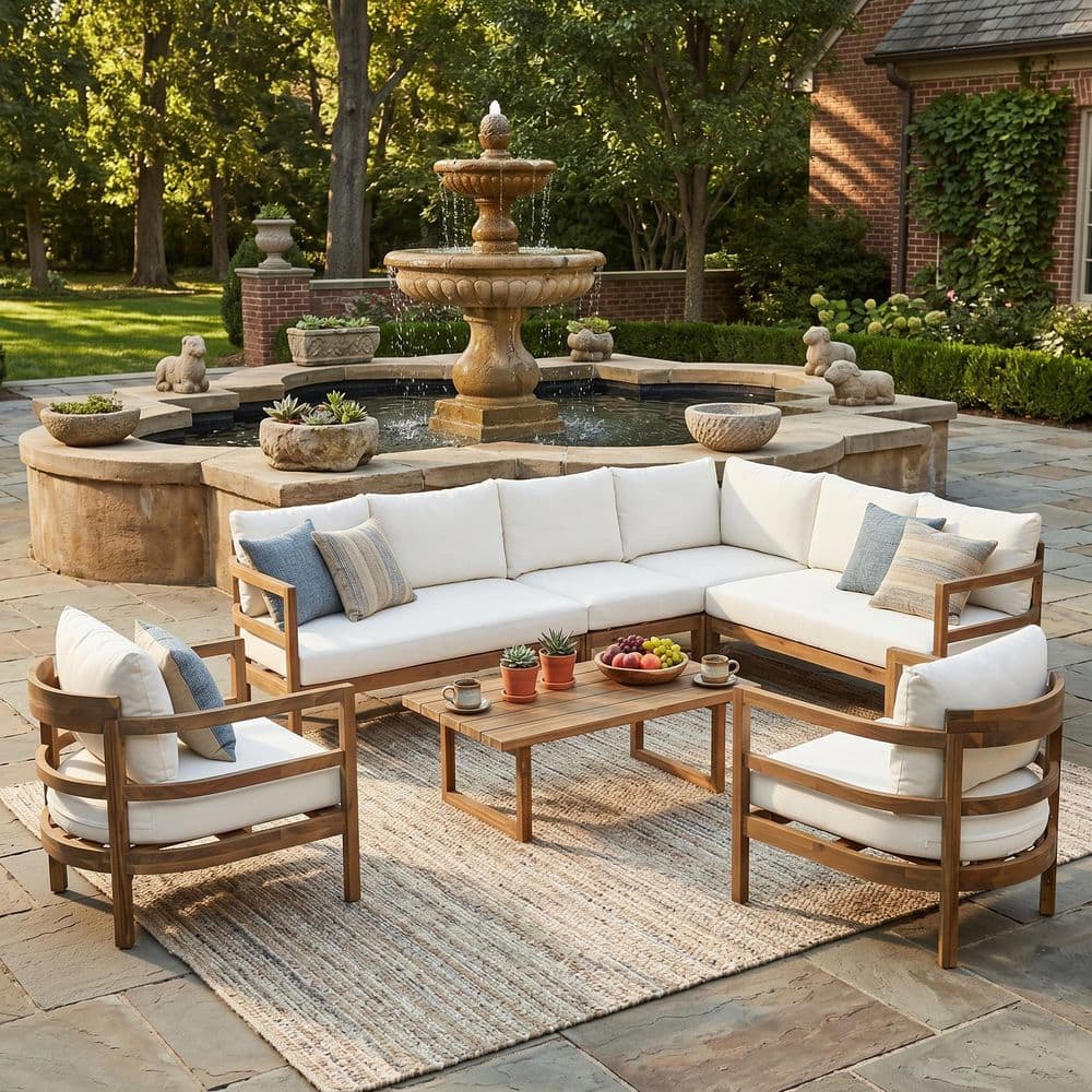 Mova Outdoor 7-Piece Light Brown Solid Wood Patio Conversation Set with Beige Cushions and Coffee Table price history on PriceWatchPro