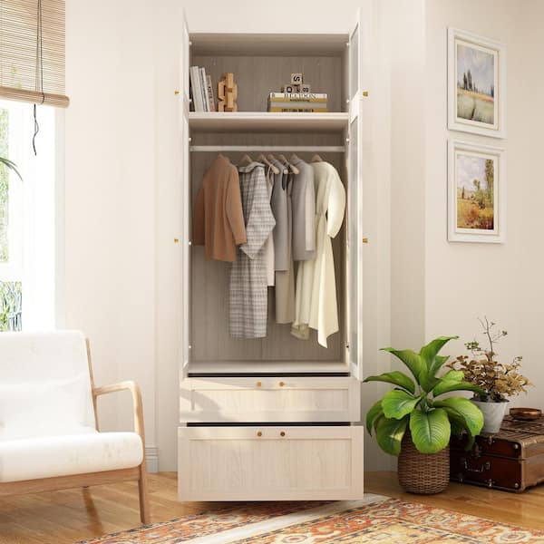 Light Oak Wood 31.5 in. Bedroom Armoire with Frosted Glass Doors and 2-Drawers
