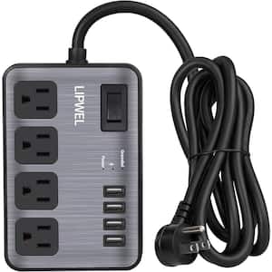 6 ft. 15A Heavy-Duty Extension Cord, Power Strip Surge Protector with 4 Outlets and 4 USB Ports, - Dark Gray