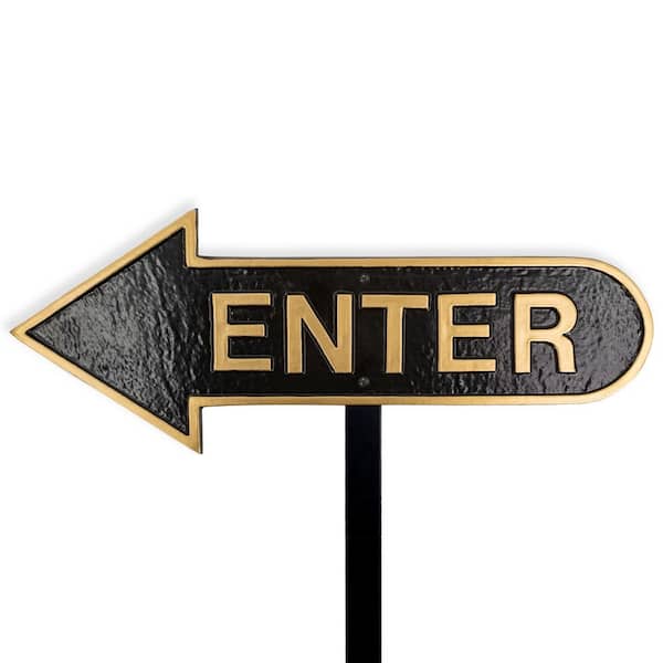 6" x 15.5" Left Arrow Enter Statement Plaque Sign with Lawn Stake-Black/Gold