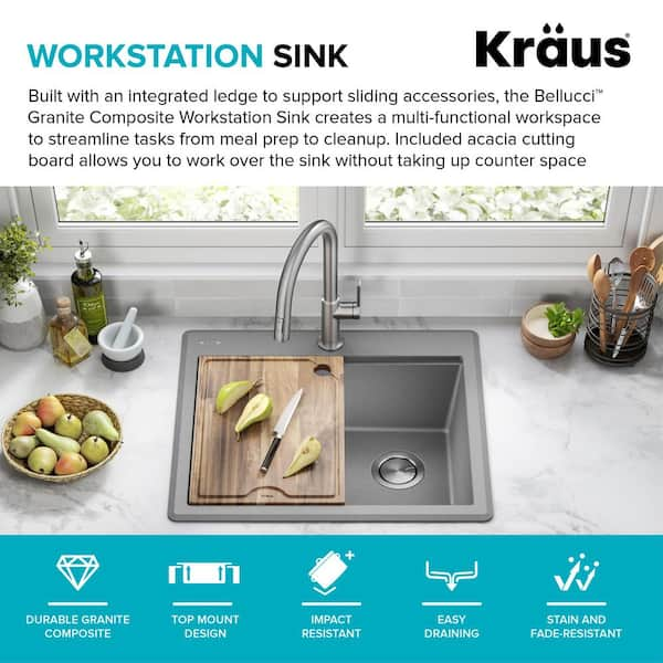 Kraus Bellucci Workstation 30 inch Undermount Granite Composite Single Bowl  Kitchen Sink in Metallic Gray with Accessories 