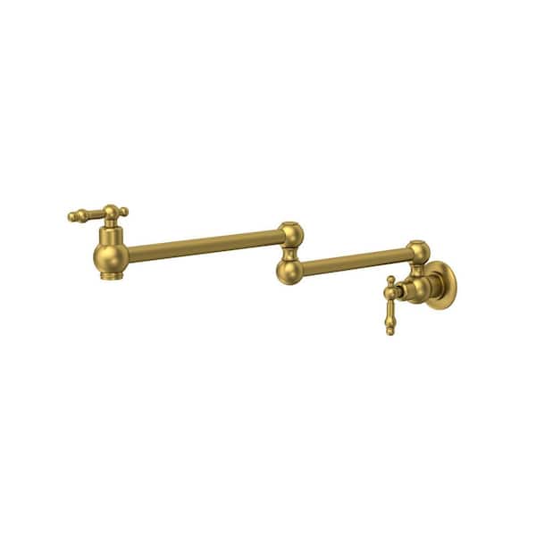 Wall‑Mounted Pot Filler Faucet with Dual Handles, 360° Swivel Foldable Spout, 1.8 GPM in Brushed Gold